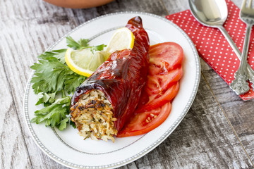 Traditional Turkish foods; stuffed pepper (biber dolmasi)