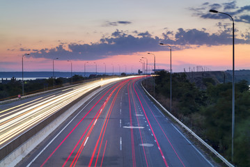 light trails on the curved road in Ukraine