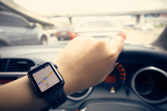 Smart Watch Navigation on the Road In the state of traffic jam in the city. Easy to travel. Tours and travel concept traffic.