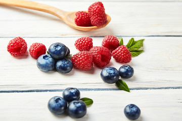 Ripe fresh raspberry and blueberry close up