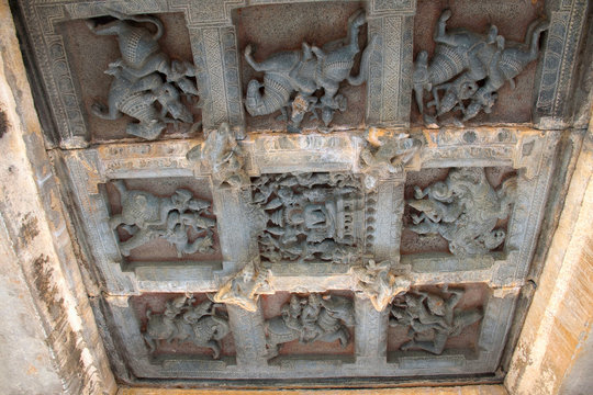 Ceiling sculpture in open mandapa, depicting the guardians to the eight directions ,ashtadikpalaka. Panchakuta Basadi, Kambadahalli, Mandya district