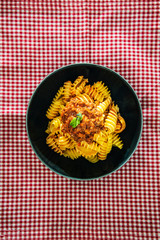 Radiatori pasta Bolognese on the table