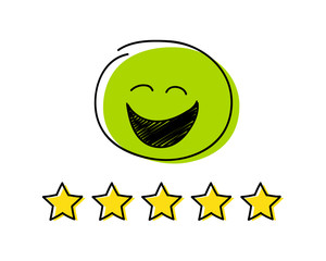 Rating icon - five stars. Green coloured happy stickman. Vector.