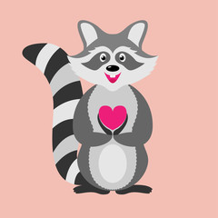 Funny raccoon holding a heart and smiling. A cartoon raccoon.