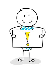 Smiley stickman holding board with exclamation mark icon. Vector.