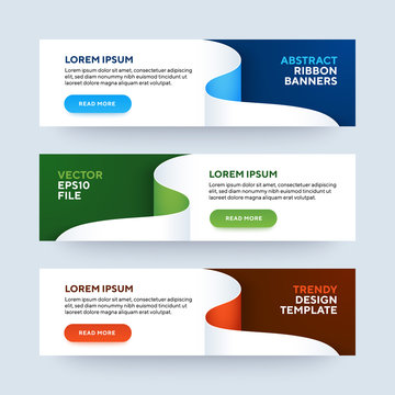 Set of three vector abstract baners. Trendy modern flat material design style. Blue, green and red colors. Text placeholder.
