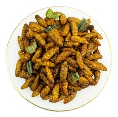 Top View of Deep Fried Coconut Worms on White Background