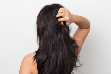 Women itching scalp damaged hair, Haircare concept.