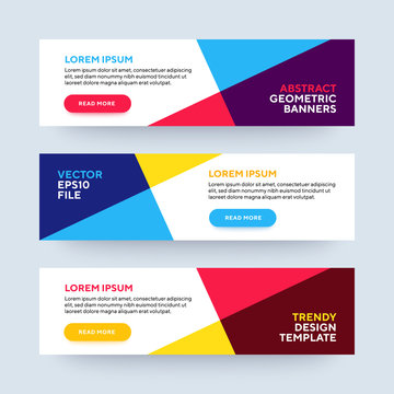 Set of three vector abstract baners. Trendy modern flat material design style. Blue, red and yellow colors. Text placeholder.