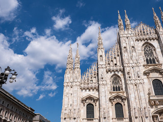 Milan, Italy - June 2018 : Famous Milan Cathedral (Duomo di Milano), view of the architecture details, west facade 