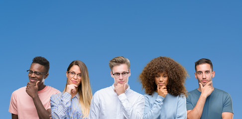 Composition of group of friends over blue blackground looking confident at the camera with smile...