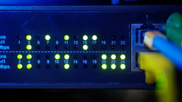 Network server panel with switch and patch cord cables in data room. Digital computer for technology background.