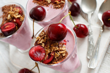 Cherry and yogurt chia pudding parfait