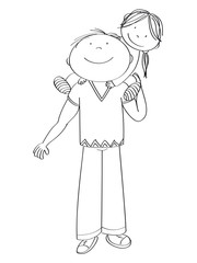Happy father carrying little child, his daughter, on his shoulders. Cute girl is smiling. Original hand drawn illustration.