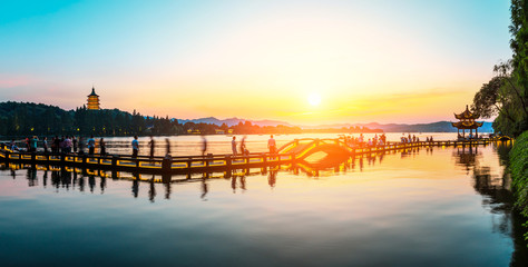 Beautiful Hangzhou West Lake landscape at sunset