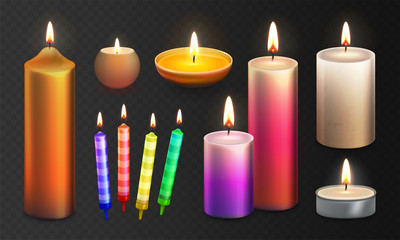 Stock vector illustration realistic 3D set multicolor candles Isolated on a transparent checkered background. Candle flame. Decorative scented paraffin wax candle light and candlestick EPS10