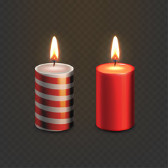 Stock vector illustration realistic set Christmas candles Isolated on a transparent checkered background. Striped candle and red EPS10