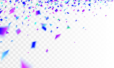 Stock vector illustration defocused realistic dark blue, purple, pink triangular, square confetti Isolated on a transparent checkered background EPS10