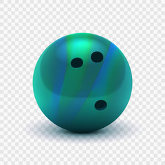 Vector illustration realistic 3D striped green blue bowling ball. Isolated on a transparent checkered background. Design element EPS10