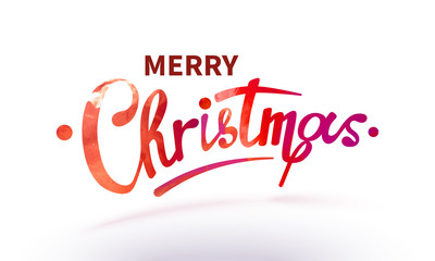Stock vector illustration text Merry Christmas lettering shiny, sparkly typeface red leaf. Red confetti Isolated on white background. Greeting card, poster, brochure or flyer template EPS10