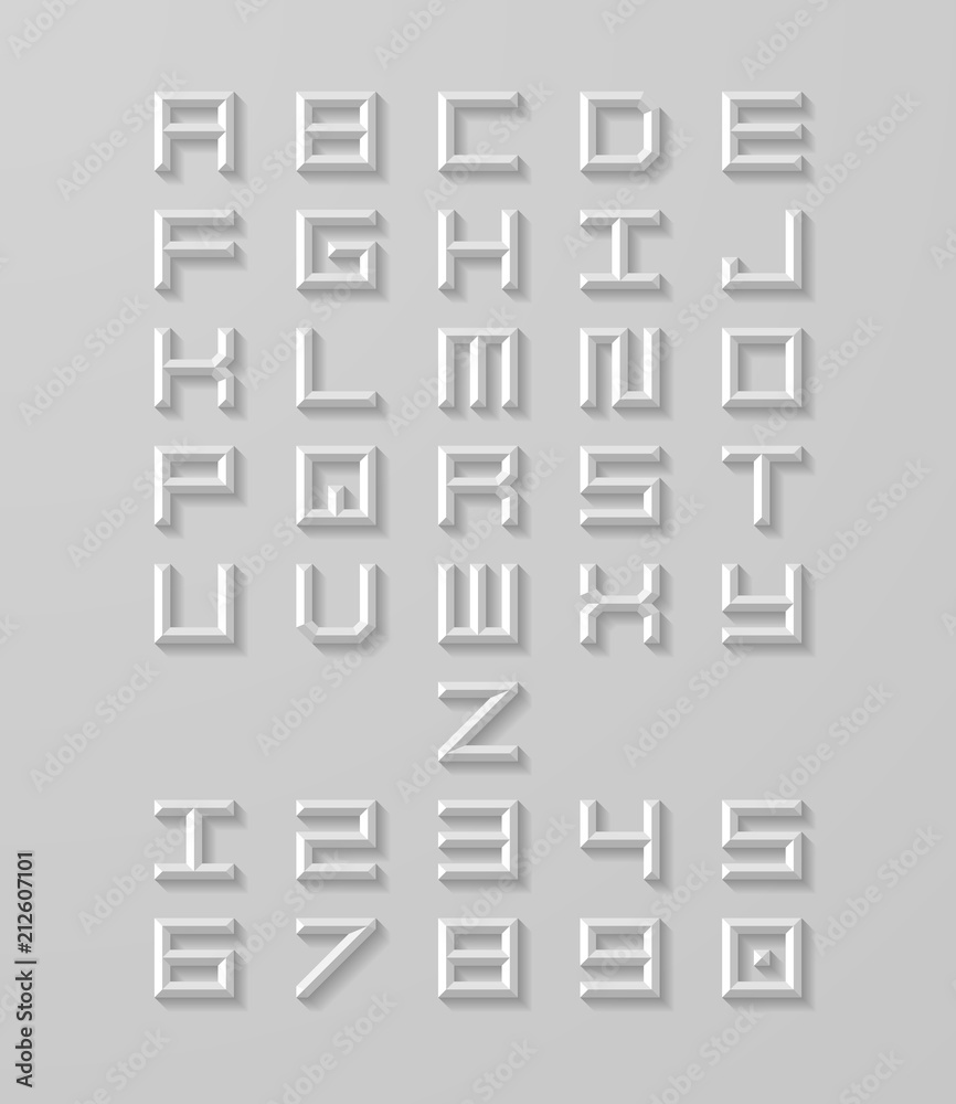 Fototapete Vector letters and numbers with shadow. White 3d alphabet. Modern vector font.