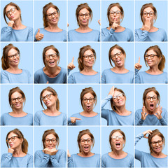 Middle age woman, diferent emotions collage over blue background