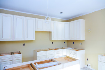 Blind cabinet, island drawers and counter cabinets installed