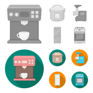 Multivarka, refrigerator, meat grinder, gas stove.Household set collection icons in monochrome,flat style vector symbol stock illustration web.