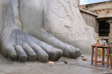 Close up of feet of the statue of Bahubali, also known as Gomateshwara, Vindhyagiri Hill, Shravanbelgola, Karnataka. A golden replica of the monolithic statue is also seen.