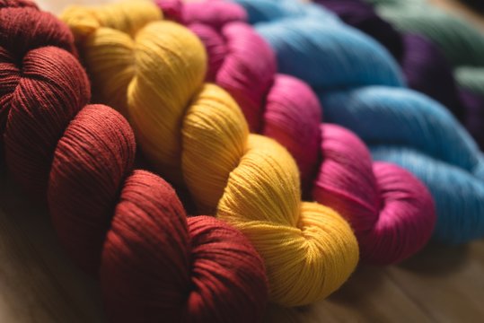 Multicolored of yarn arranged in row