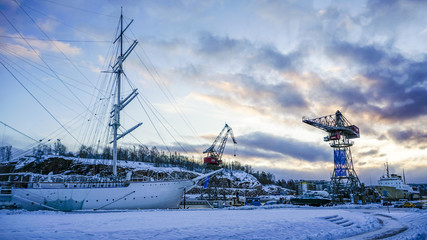 Sailing ship and a crane.