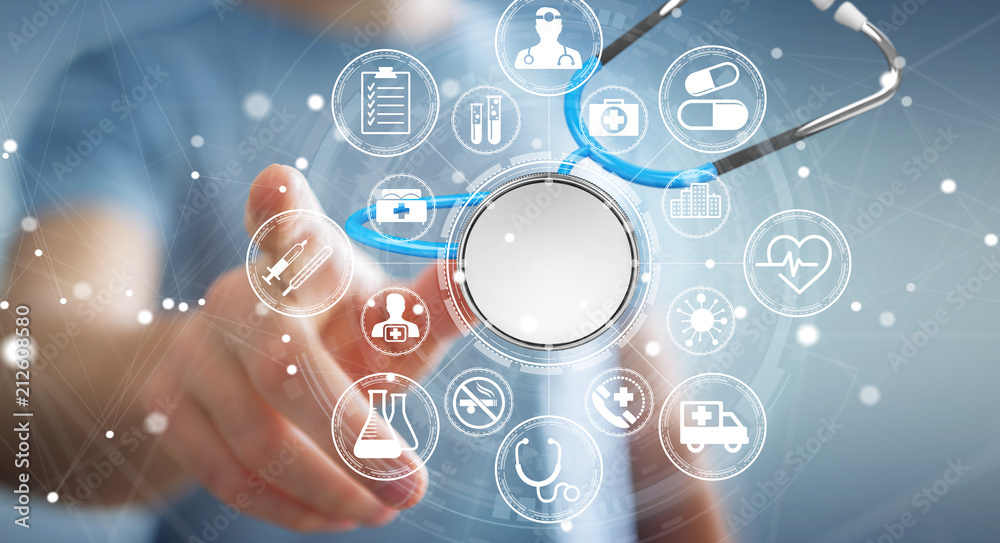 Aufkleber businessman holding and touching floating stethoscope 3d rendering