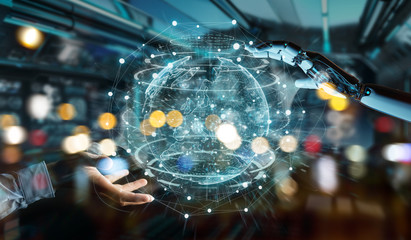 White cyborg hand using planet Earth interface 3D rendering