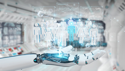 White cyborg hand controlling group of people 3D rendering