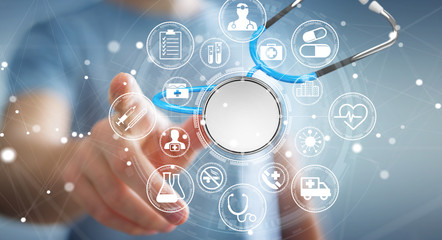 Businessman holding and touching floating stethoscope 3D rendering