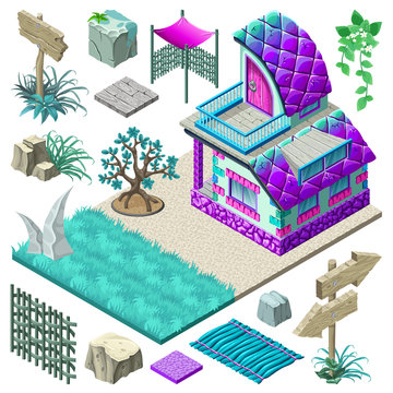 3d isometric building for computer games. Cottage and collection icons create landscape design. Vector cartoon illustration.