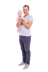 full length portrait of young father with baby girl isolated on white