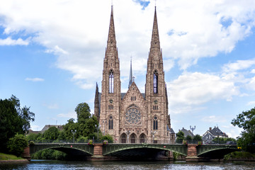Fototapeta na wymiar Strasbourg: St. Paul's Church of Strasbourg (Eglise Saint-Paul de Strasbourg, 1897) is a major Gothic Revival architecture building and one of the landmarks of the city of Strasbourg. Alsace, France