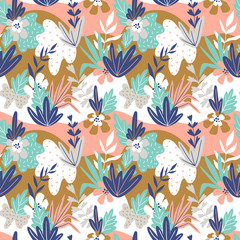 Foliage graphic seamless patterns. Vector floral texture with hand drawn abstract flowers and leaves. Background with colorful doodle floral elements.