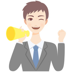 メガホンを持って応援をする若いイケメンサラリーマン　スーツ　フラット　イラスト
