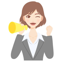 メガホンを持って応援をする若いOL　スーツ　かわいい　フラット　イラスト