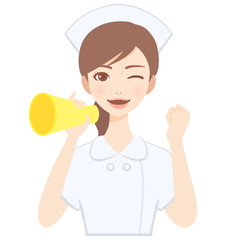 メガホンを持って応援をする若い看護師　白衣　かわいい　フラット　イラスト