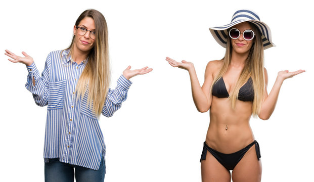 Young beautiful blonde woman wearing business and bikini outfits clueless and confused expression with arms and hands raised. Doubt concept.