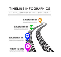 Road way design infographics. Tire tracks timeline