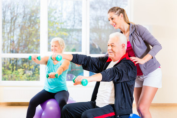 Fototapeta na wymiar Physiotherapist coaching senior people exercising with dumbbells