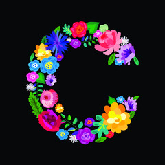 The letter "C" made of flowers on a black background. The letter of the English alphabet. Bright floral print. Great for T-shirts, cards and more.