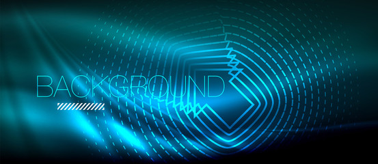 Fototapeta premium Neon glowing wave, magic energy and light motion background. Wallpaper template, hi-tech future concept