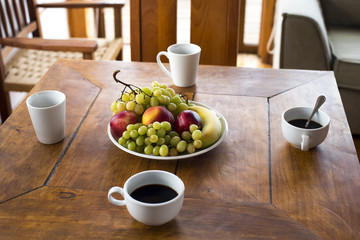 Breakfast food and drink in summer holiday hotel