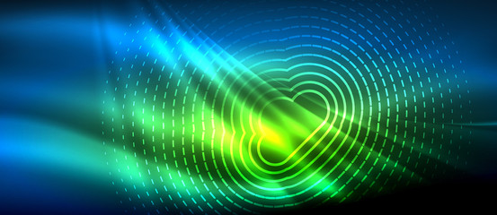 Neon glowing wave, magic energy and light motion background. Wallpaper template, hi-tech future concept