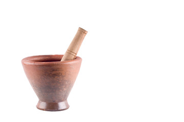 clay mortar and wood pestle on white background  cooking kitchenware object isolated
